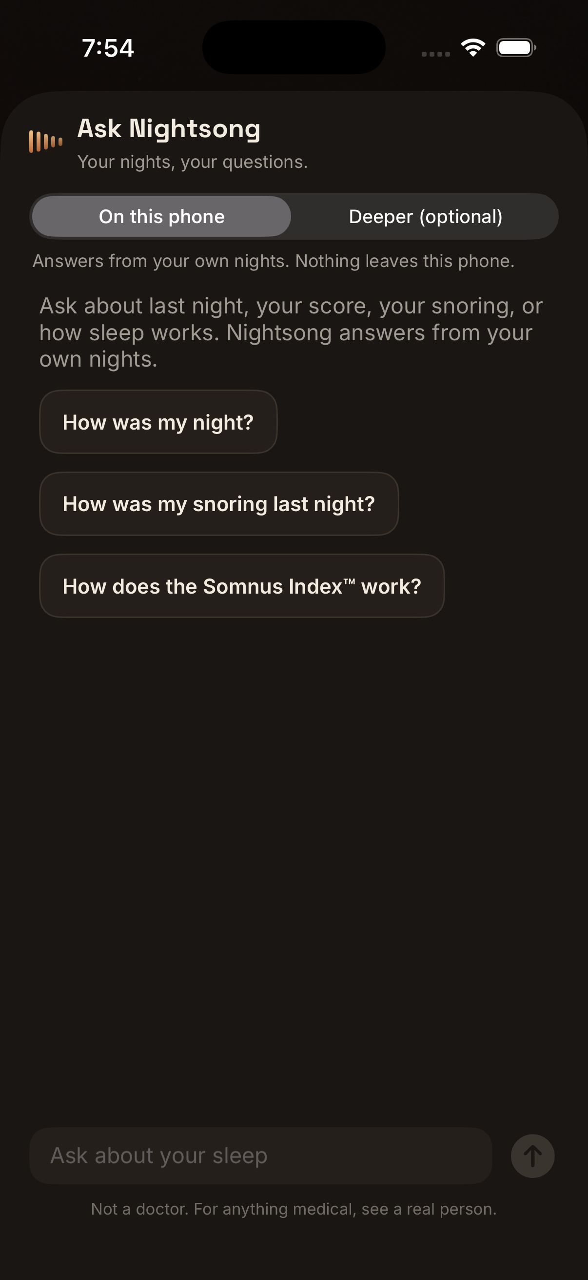 The Ask screen: On this phone selected, with suggested questions about last night, snoring, and how the Somnus Index works, and a note that nothing leaves this phone.