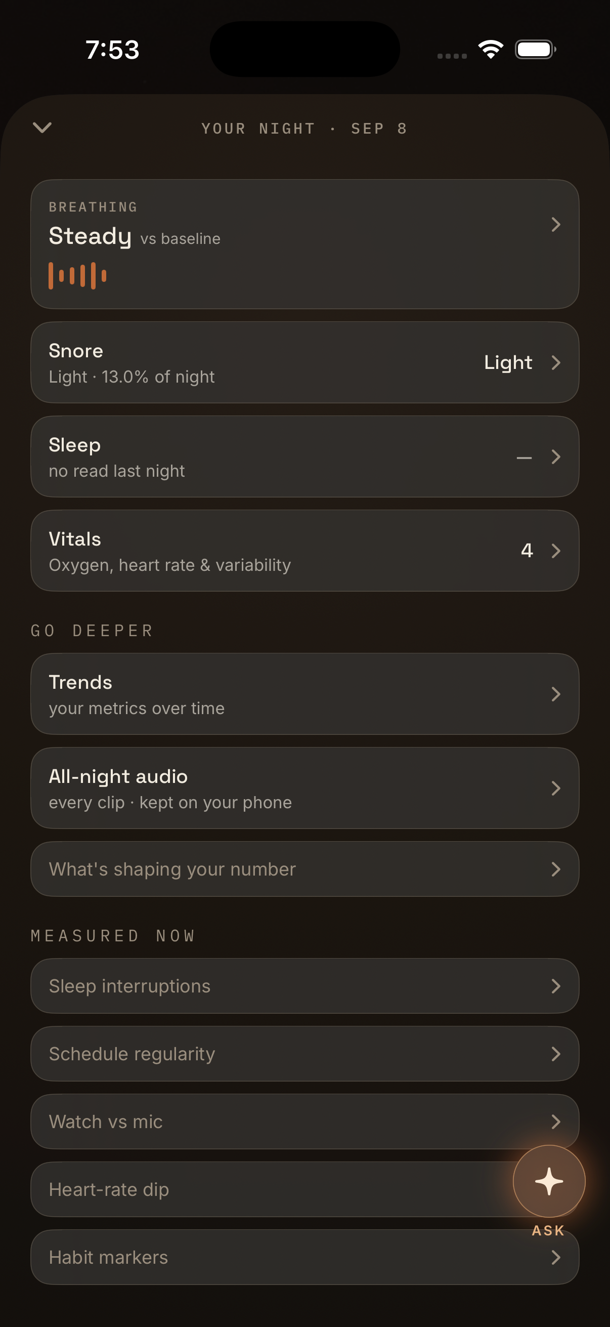 The Your Night screen: Breathing Steady versus your baseline, Snore Light, Sleep with no read last night, and rows to go deeper, including all-night audio kept on your phone.