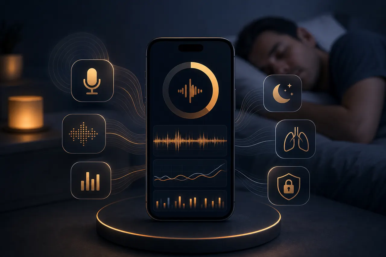 An iPhone face-down on a white nightstand next to a dim lamp, suggesting overnight audio monitoring.