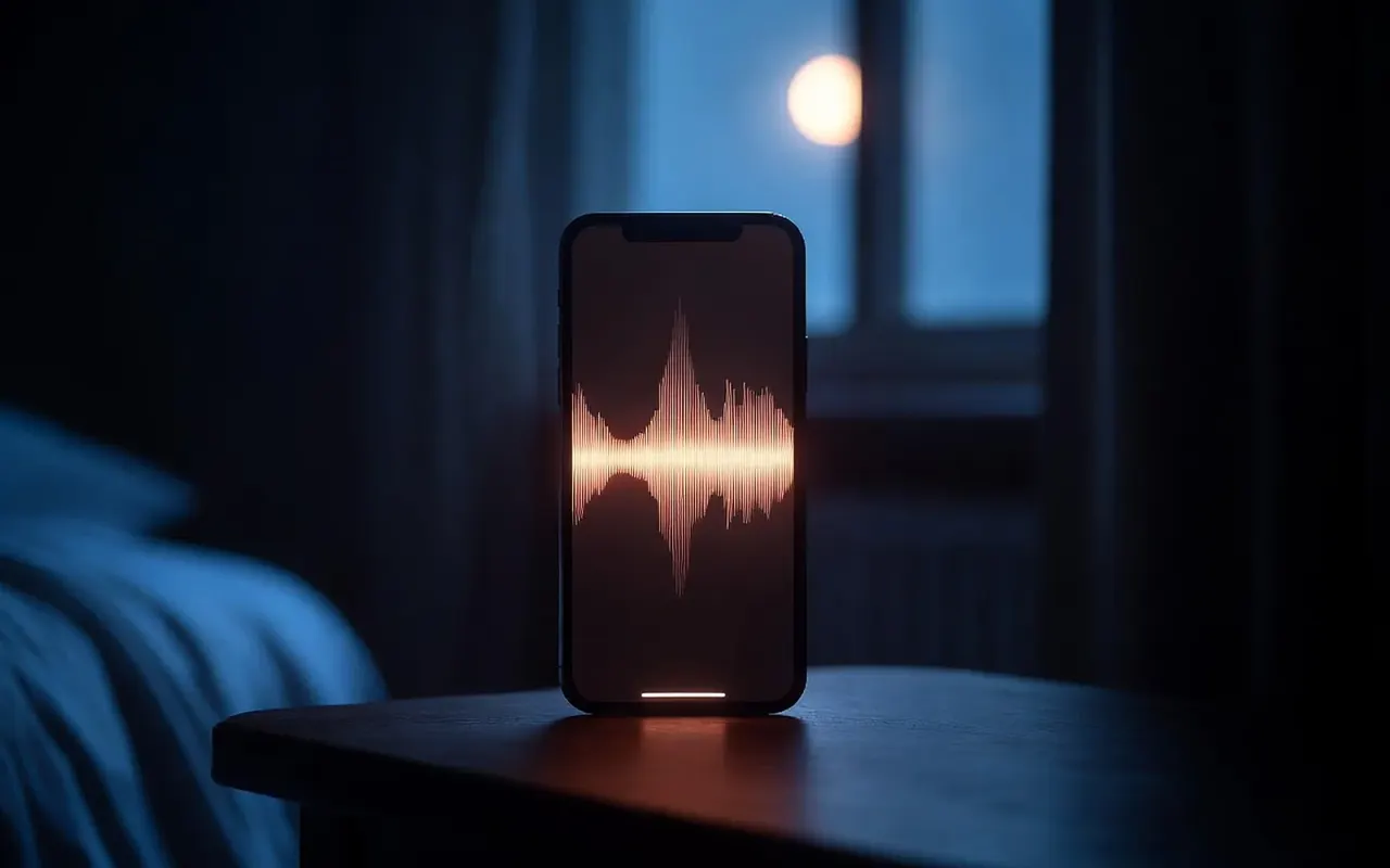 An iPhone standing on a bedside table in a dark bedroom, its screen glowing with a warm waveform.
