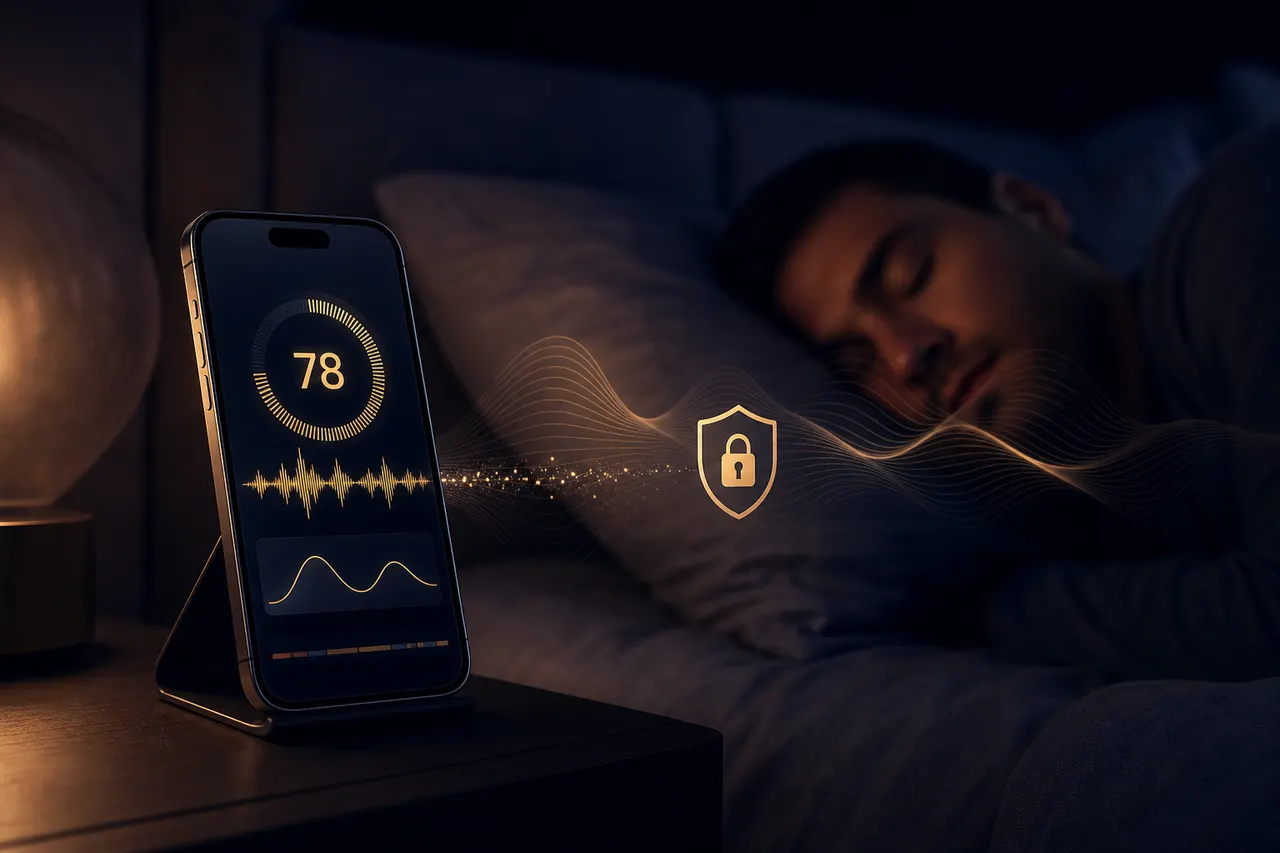An iPhone on a nightstand in a dim bedroom, set up to monitor overnight audio privately.