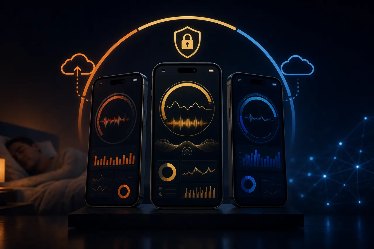 Three smartphone screens side by side on a dark nightstand surface, each showing a different sleep tracking interface, warm ambient light in the background.